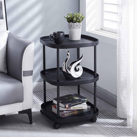 Rafturi, Organizatoare si Suporturi - Masă Laterală cu 3 Niveluri și Roți – Masă de Cafea, Raft Deschis pentru Depozitare, Design Minimalist, Negru