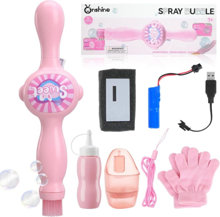 Produse si jucarii pentru copii - Mașină electrică de făcut baloane de săpun, roz, 3 ani+, funcționare automată, baterie reîncărcabilă inclusă, încărcare USB, soluție inclusă