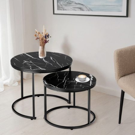 Casa si Bucatarie - Măsuță Cafea 2-în-1, Blat Marmură Neagră, Cadru Oțel Negru Mat, 53x43 cm, Suportă Până la 30 kg, Mese Suprapuse, Design Modern și Compact