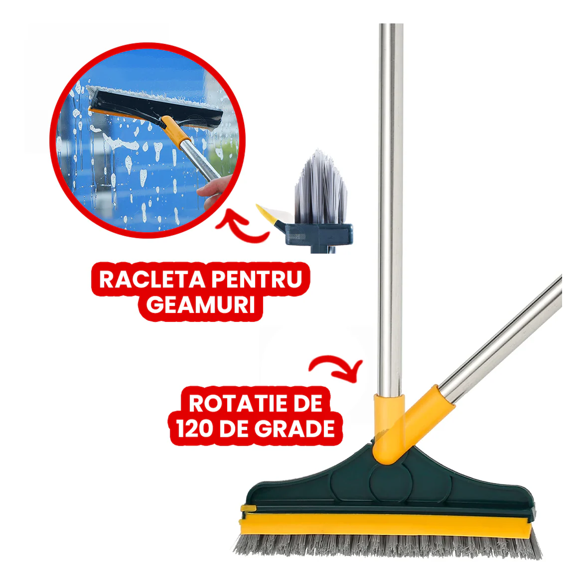 Mătură 2 în 1 cu perie și racletă, cap detașabil rotativ, peri polipropilenă rezistenți, design pliabil [4]