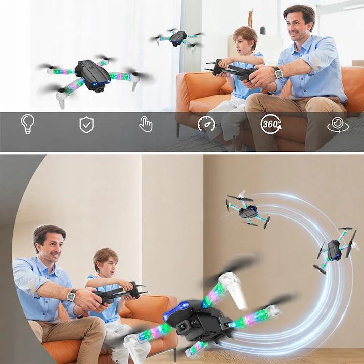 Mini Dronă Pliabilă E99 Pro Max Light Edition – Cu 2 Camere HD, Brate LED Colorate, 100m Rază, 2 Baterii 1800mAh emgross [2]