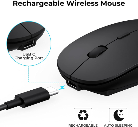 Mouse Wireless Reîncărcabil USB Type-C, cu Receptor USB-A și USB-C, Clic Silențios, Design Ergonomic și Portabil, Compatibil cu MacBook Air, Laptop, PC și Desktop, Negru [1]