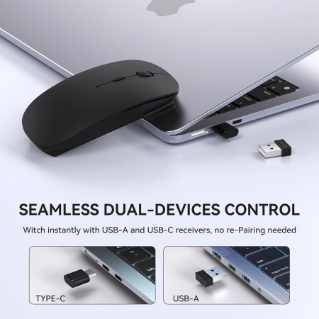 Mouse Wireless Reîncărcabil USB Type-C, cu Receptor USB-A și USB-C, Clic Silențios, Design Ergonomic și Portabil, Compatibil cu MacBook Air, Laptop, PC și Desktop, Negru [3]