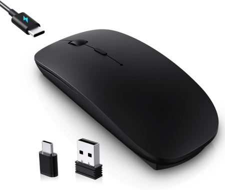 Accesorii calculator - Mouse Wireless Reîncărcabil USB Type-C, cu Receptor USB-A și USB-C, Clic Silențios, Design Ergonomic și Portabil, Compatibil cu MacBook Air, Laptop, PC și Desktop, Negru