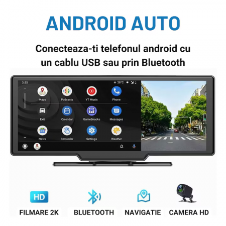 Navigatie Auto Multimedia, Display 10.26 inch, Camera inregistrare fata + spate inclusa, Ecran IPS HD full-touch, CarPlay/Android Auto, Wireless, MirrorCast, Split-screen, Negru-engross [4]