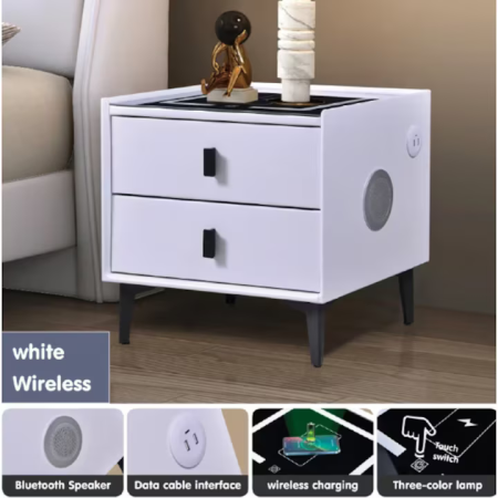 Noptieră Smart Multifuncțională Premium cu LED Tactil, Încărcare Wireless Qi, USB-C și Difuzor Bluetooth, 50 x 40x 46 cm [1]