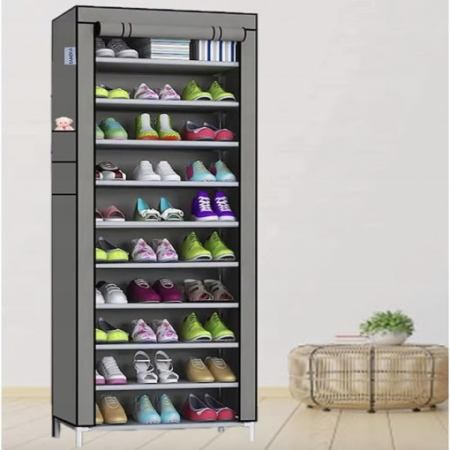 Organizator pentru pantofi, din material textil si metal, cu 9 rafturi, dimeniuni 58X30X158 cm, demontabil, gri-engross [2]