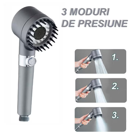 Pară Duș 4 în 1 cu Perie Masaj, Filtru Purificare Apă și 4 Moduri de Presiune, Economizor de Apă, Turbo Boost, ABS + Silicon – Gri engross [4]