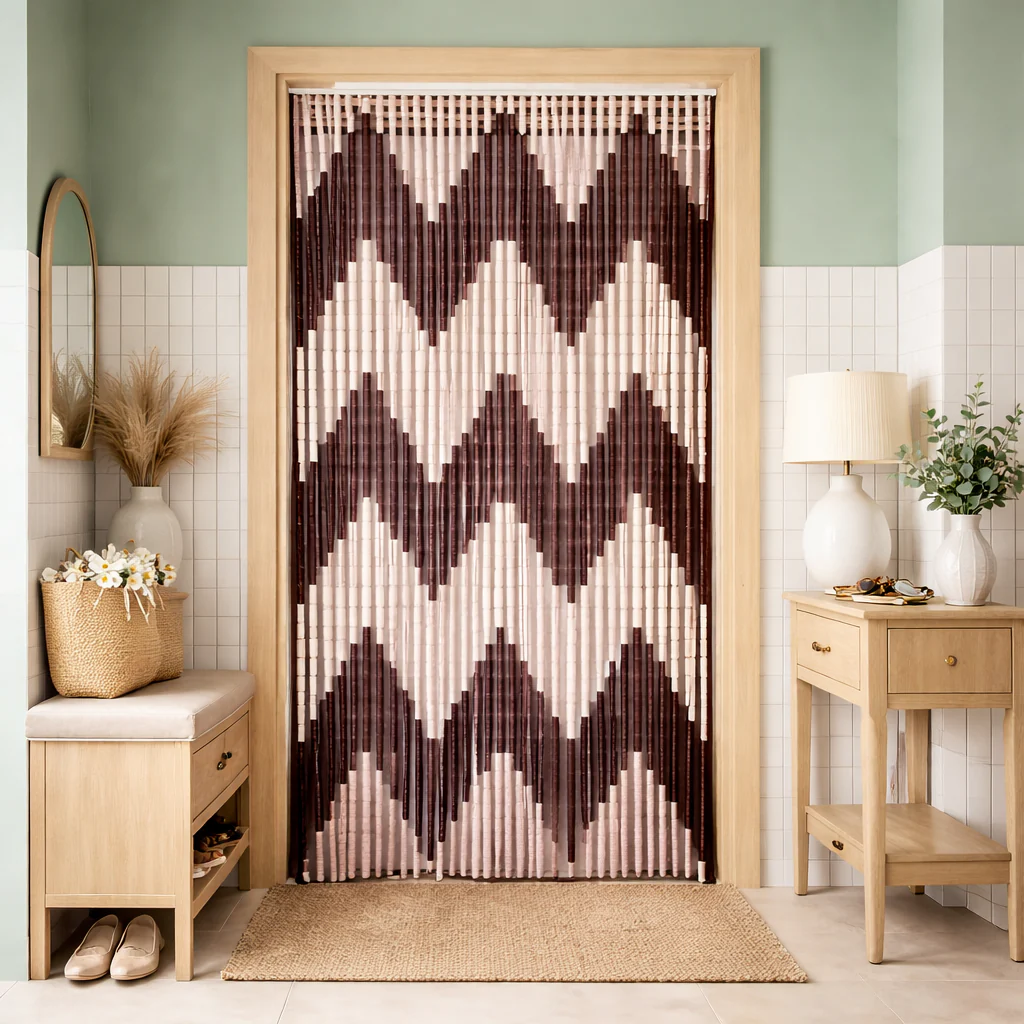 Perdea anti-insecte tip mărgele PVC 100×200 cm, 32 fâșii decorative, protecție pentru ușă, montaj ușor, crem/maro [2]
