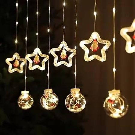 Perdea Luminoasă de Crăciun, 3m, Stele și Globuri, 8 Moduri, Decor Festiv engross [1]