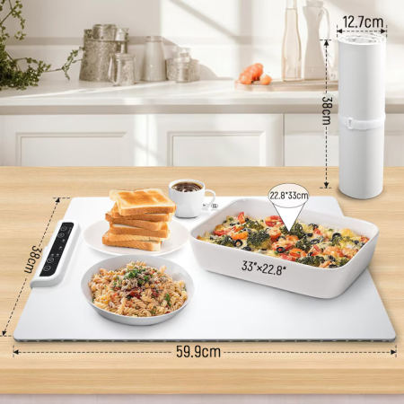 Placă de Încălzire Alimentară din Silicon, 59.9x38cm, Reglabil 60-100°C, Pliabilă și Portabilă, Tehnologie Grafen 2.0, Dezghețare și Menținere Temperatură, Alb [1]