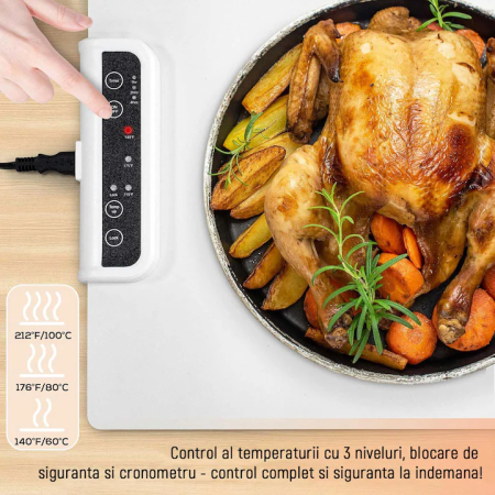 Placă de Încălzire Alimentară din Silicon, 59.9x38cm, Reglabil 60-100°C, Pliabilă și Portabilă, Tehnologie Grafen 2.0, Dezghețare și Menținere Temperatură, Alb [3]
