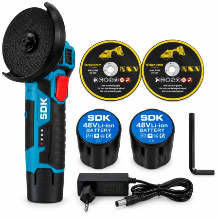 Scule Electrice si Unelte - Polizor unghiular compact cu 2 Acumulatori de 48V cu disc de 3", portabil și ușor de utilizat, echipat cu 2 discuri pentru polizare