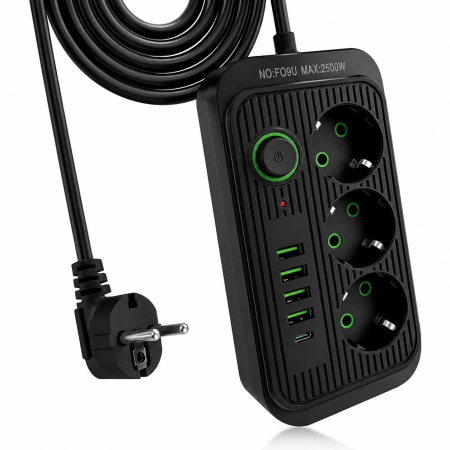 Scule Electrice si Unelte - Prelungitor cu Încărcare Rapidă Fast Charge, 3 Prize Schuko, 4 Porturi USB + 1 Port USB-C PD, Protecție la Supratensiune, Întrerupător ON/OFF, Protecție pentru Copii, Antistatic, Cablu 2 m, ABS, Negru