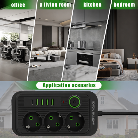 Prelungitor cu Încărcare Rapidă Fast Charge, 3 Prize Schuko, 4 Porturi USB + 1 Port USB-C PD, Protecție la Supratensiune, Întrerupător ON/OFF, Protecție pentru Copii, Antistatic, Cablu 2 m, ABS, Negru [2]