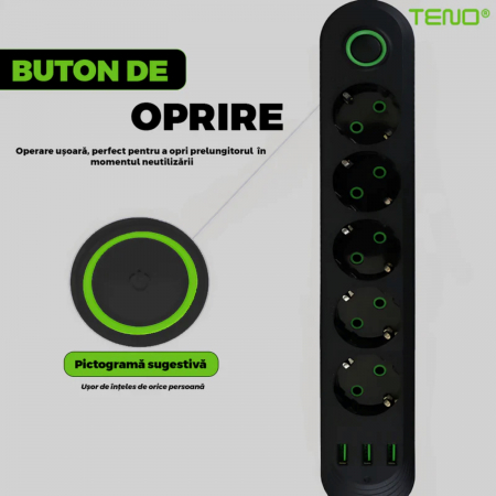 Prelungitor Profesional 5 Prize + 3 USB, Protecție Supratensiune, LED, 2500W, Negru/Alb [6]