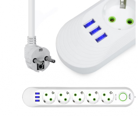 Prelungitor Profesional 5 Prize + 3 USB, Protecție Supratensiune, LED, 2500W, Negru/Alb [2]