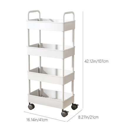 Raft de Depozitare cu 4 Niveluri, Cărucior Rulant cu Roți, 107x41x21 cm, Organizator Plastic pentru Bucătărie, Baie, Birou, Alb [2]
