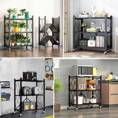 Raft metalic pliabil 86x71x38 cm, design Loft, roți pivotante, structură oțel durabil, pentru bucătărie/depozit, negru [4]