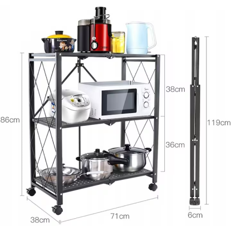 Raft metalic pliabil 86x71x38 cm, design Loft, roți pivotante, structură oțel durabil, pentru bucătărie/depozit, negru [2]