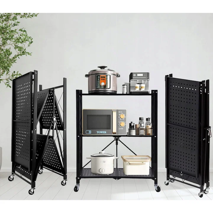 Raft metalic pliabil 86x71x38 cm, design Loft, roți pivotante, structură oțel durabil, pentru bucătărie/depozit, negru [5]