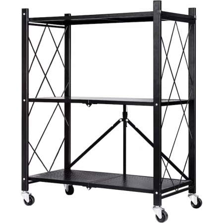 Rafturi, Organizatoare si Suporturi - Raft metalic pliabil 86x71x38 cm, design Loft, roți pivotante, structură oțel durabil, pentru bucătărie/depozit, negru