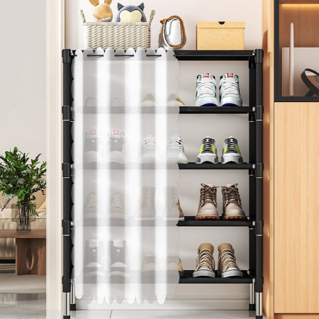 Raft pentru Încălțăminte cu Perdea, 58x26x78 cm, Negru/Alb, Organizator Compact și Practic pentru Hol sau Dormitor [2]