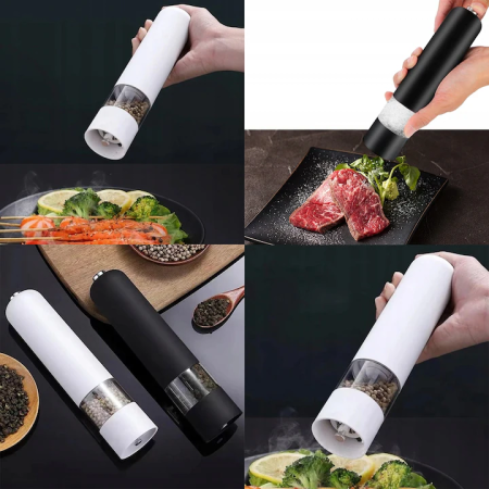 Râșniță Electrică cu Reglaj al Granulației – Mecanism Ceramic Durabil, LED Integrat, 23x5 cm, Funcționare cu Baterii AA, Negru/Alb [7]