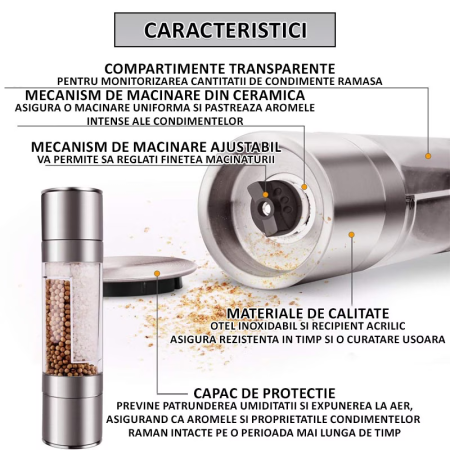 Râșniță manuală 2 în 1 sare/piper, reglaj granulație, mecanism ceramic, compartimente transparente, inox, argintiu [7]