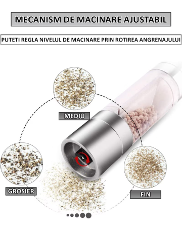 Râșniță manuală 2 în 1 sare/piper, reglaj granulație, mecanism ceramic, compartimente transparente, inox, argintiu [5]
