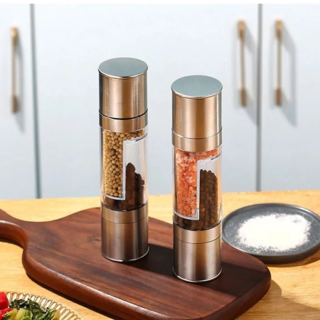 Râșniță manuală 2 în 1 sare/piper, reglaj granulație, mecanism ceramic, compartimente transparente, inox, argintiu [9]