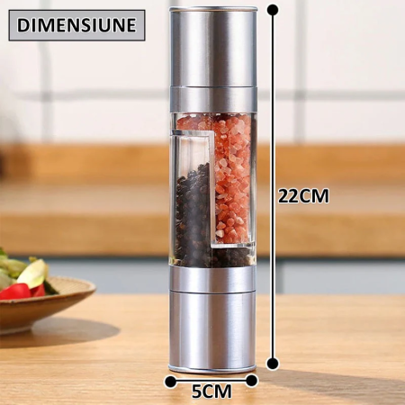 Râșniță manuală 2 în 1 sare/piper, reglaj granulație, mecanism ceramic, compartimente transparente, inox, argintiu [2]