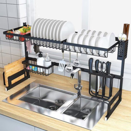 Scurgător de vase deasupra chiuvetei, mare 85x32x52 cm, negru, suport multifuncțional pentru farfurii, tacâmuri, pahare, oale, anti-rugină [1]