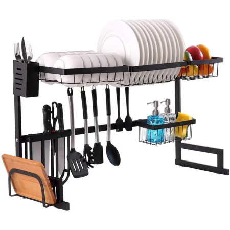 Rafturi, Organizatoare si Suporturi - Scurgător de vase deasupra chiuvetei, mare 85x32x52 cm, negru, suport multifuncțional pentru farfurii, tacâmuri, pahare, oale, anti-rugină