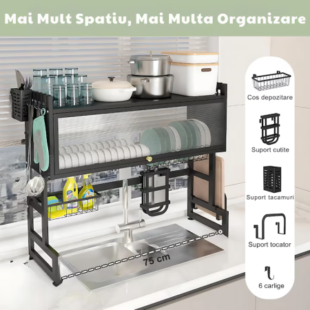 Scurgător Vase din Oțel Inoxidabil, 75 cm Lungime, Structură Rezistentă la Coroziune, Organizare Eficientă, Culoare Negru [1]