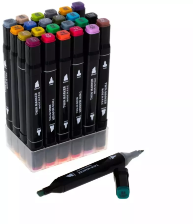 Produse si jucarii pentru copii - Set 24 Markere Profesionale 2 Capete, Culori Vibrante, pentru Artă, Schițe și Pictură, Husă Organizare Inclusă