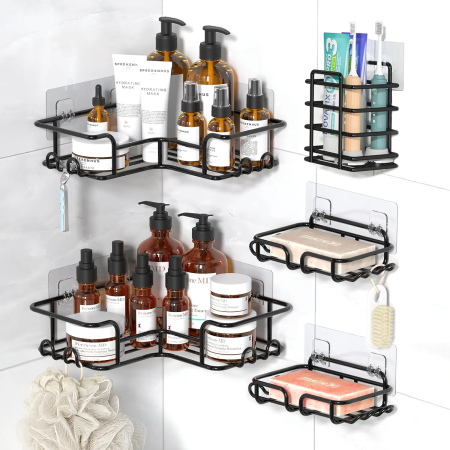 Rafturi, Organizatoare si Suporturi - Set 5 Rafturi de Duș Elindor, Etajeră Colț cu Adeziv, Suport Sapun și Prosop, 16 Cârlige, Otel Carbon Negru, Organizator Multifuncțional Baie