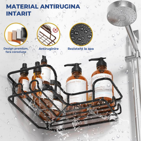 Set 5 Rafturi de Duș Elindor, Etajeră Colț cu Adeziv, Suport Sapun și Prosop, 16 Cârlige, Otel Carbon Negru, Organizator Multifuncțional Baie [6]