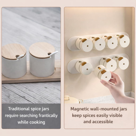 Set 6 recipiente condimente, montare pe perete, prindere magnetică, material ABS, design minimalist modern, alb [4]