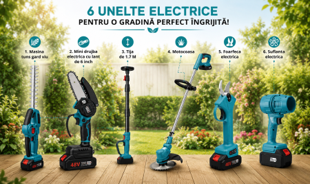 Scule Electrice si Unelte - Set 6 scule de grădină cu acumulator 48V - motocoasă, suflantă, foarfecă electrică, mini drujbă 6", mașină de tuns gard viu și tijă telescopică de 1,7 m