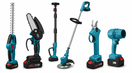 Set 6 scule de grădină cu acumulator 48V - motocoasă, suflantă, foarfecă electrică, mini drujbă 6", mașină de tuns gard viu și tijă telescopică de 1,7 m [1]