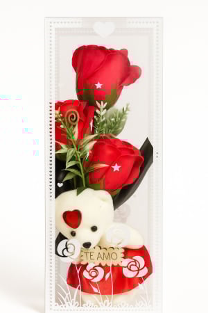 Flori de sapun parfumate engross - Set Cadou Ursuleț de Plus + Flori din Săpun – 3 Culori (Roșu, Roșu Închis, Roz Închis) engross