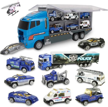 Produse si jucarii pentru copii engross - Set Camion Trailer de Jucărie 12 Piese – Interactiv, Fricțiune, Mecanism Pull-Back, 3–7 Ani