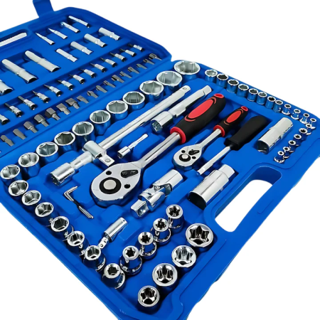 Set Chei Tubulare 108 Piese, Oțel Crom Vanadiu, Cutie Inclusă, Profesional și Versatil pentru Reparatii Auto, Mecanica și Uz Casnic [1]