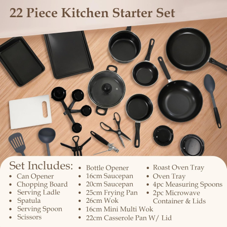 Set complet vase și ustensile bucătărie 22 piese, Oțel carbon, Tehnologie antiaderentă, Rezistente, Negru [3]