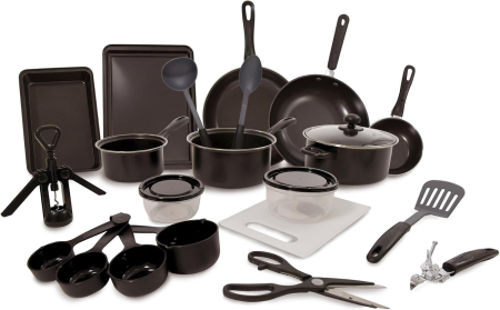 Casa si Bucatarie - Set complet vase și ustensile bucătărie 22 piese, Oțel carbon, Tehnologie antiaderentă, Rezistente, Negru