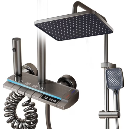 Set Duș cu Display Digital – Tehnologie Economisire Apă, Instalare Reglabilă, Aluminiu & Cupru, Gri Deschis [2]