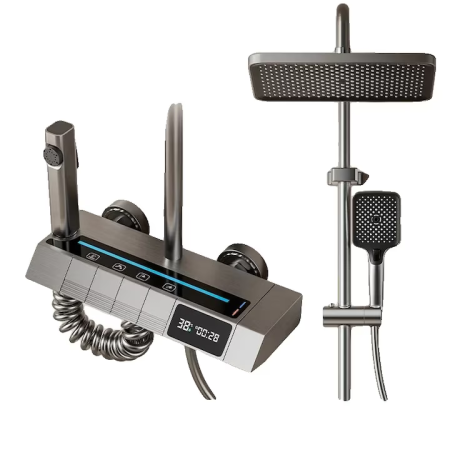 Casa si Bucatarie - Set Duș cu Display Digital – Tehnologie Economisire Apă, Instalare Reglabilă, Aluminiu & Cupru, Gri Deschis