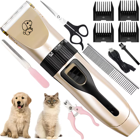 Set mașină tuns animale 12 piese, fără fir, 9W, lame ceramică și titan, 4 piepteni 3–12 mm, 90 min autonomie, auriu/negru [1]