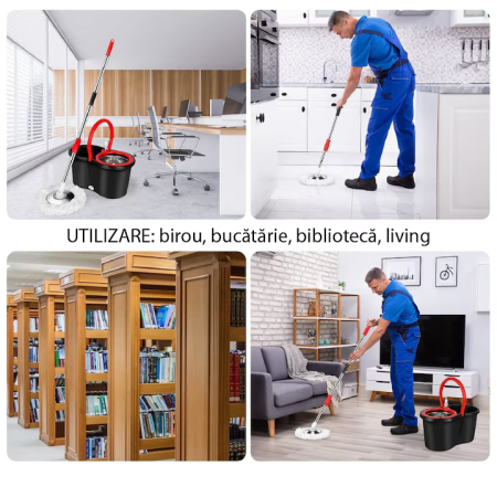 Set Mop Rotativ cu Găleată și Sistem de Stoarcere, Mâner Reglabil 155 cm din Oțel Inoxidabil, Capacitate 8L, Rosu-Negru, Include 5 Rezerve [1]